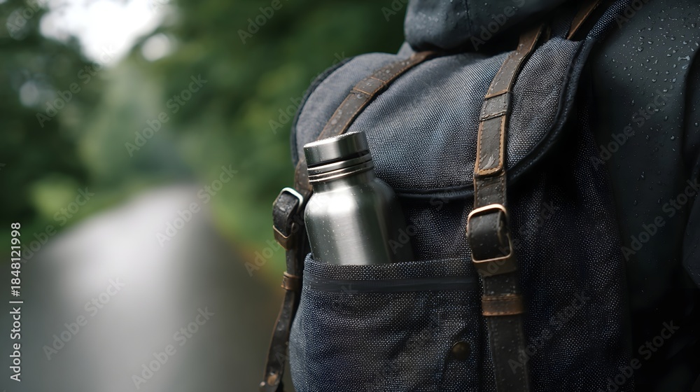Fototapeta premium A backpack with a metal water bottle in its pocket on a rainy day on a forest path