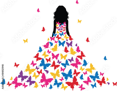 Black Silhouette of a Woman Wearing an Elegant Gown Made of Colorful Butterfly Shapes Flying Away Isolated on White Background for Fashion Concept