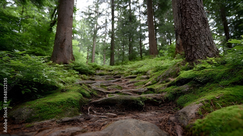Fototapeta premium A sun d d forest path winds upward covered in mossy rocks and exposed tree roots inviting explo n into the verdant wilderness