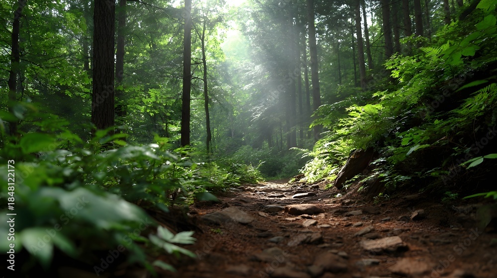 Obraz premium A sun d d forest trail leads through lush green trees in the early morning light