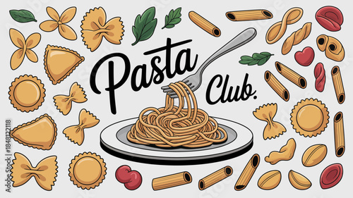Colorful Pasta Club Illustration with Various Shapes and Text