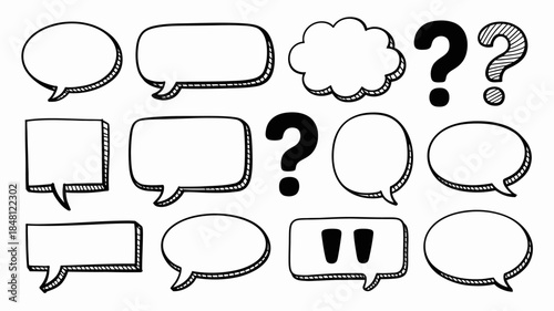 Hand-drawn speech bubbles and punctuation marks on white background