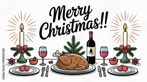 Festive Christmas Dinner Table Setting with Turkey, Wine, and Candles