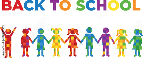 Diverse Group of School Children Silhouettes with Colorful Mosaic Patterns Holding Hands Under Back to School Text for Education Concept Design