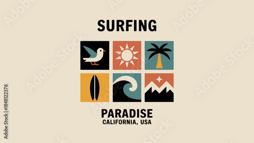 California Surfing Paradise Graphic with Iconic Symbols and Landmarks