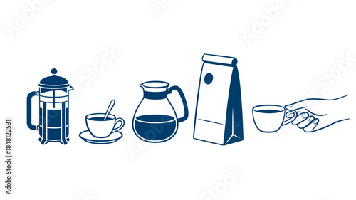 Coffee Essentials Illustration: French Press, Cups, Carafe, and Bag