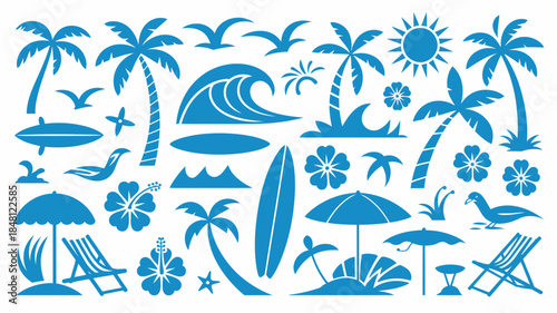Tropical Beach Icons and Symbols in Blue Silhouette on White Background