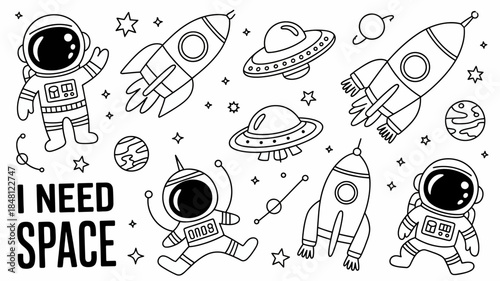 Astronauts in Space with Rockets and Planets, I Need Space Cartoon Illustration