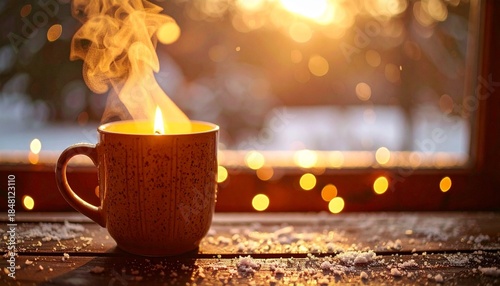 cozy Christmas morning by the window with warm candlelight flickering