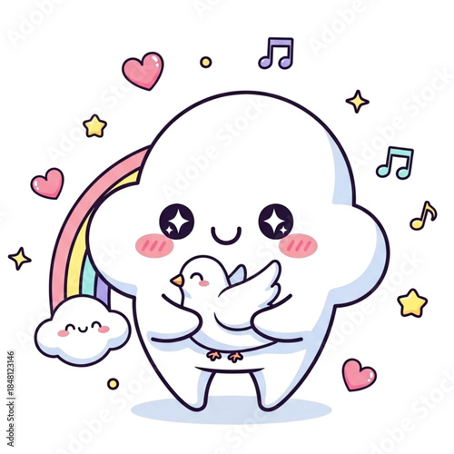 Cute cloud character with bird and rainbow in happy scene