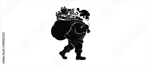 Santa Claus riding sleigh with reindeer, flying Christmas silhouette illustration, festive holiday scene, winter Christmas vector art, traditional Santa sleigh , Christmas silhouette of Santa   