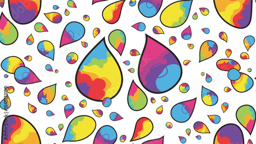 Seamless Pattern of Vibrant Colorful Liquid Drops and Water Droplets with Rainbow Gradient Textures Isolated on White Background for Creative Design
