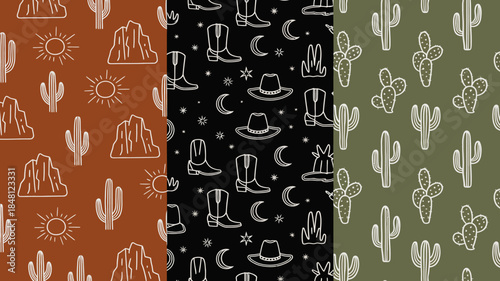Western Desert Patterns with Cacti, Cowboy Hats, and Boots