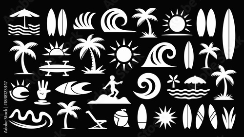 Surfing and Beach Icons Set in White on Black Background