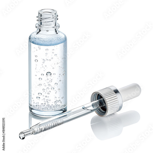 Clear glass bottle with dropper filled with serum and bubbles isolated on transparent background