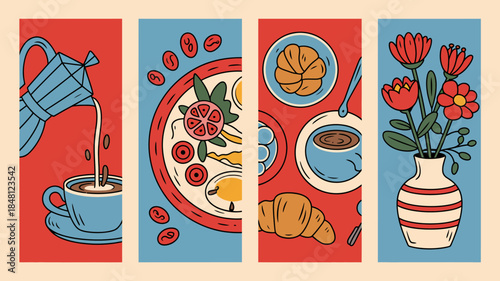 Colorful Breakfast Illustration with Coffee, Croissant, and Flowers