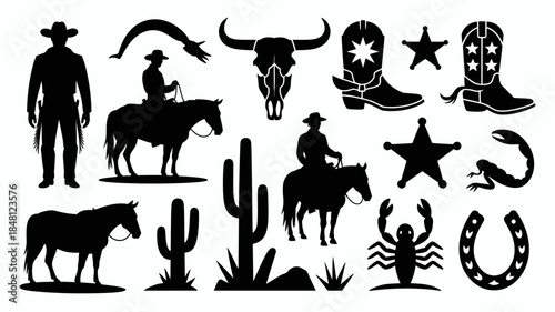 Western Cowboy Silhouette Icons Set, Black and White Illustrations