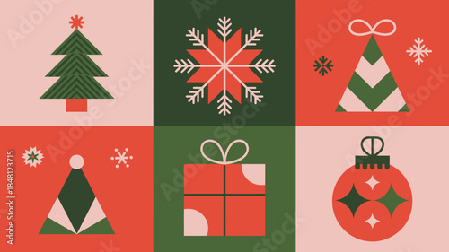 Christmas icons set with trees, snowflakes, gifts, and ornaments in a festive color scheme.