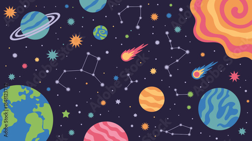 Colorful cartoon space scene with planets, stars, and constellations