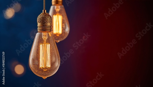 Elegant vintage edison light bulbs casting a warm glow against a vibrant, contrasting backdrop