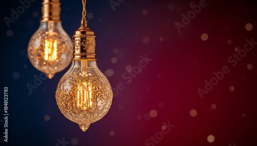 Elegant vintage light bulbs illuminate with a warm glow against a festive bokeh background
