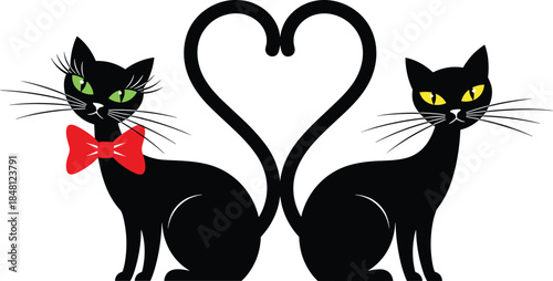 Two Romantic Black Cats with Tails Forming a Heart Shape and Red Bow Tie Isolated on White Background for Valentines Day Design