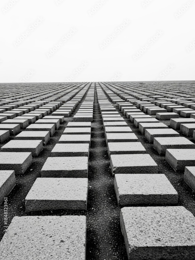 Fototapeta premium Monochrome low-angle view of countless square concrete blocks arranged in precise rows, receding into the distance under a bright sky, creating a strong sense of pattern and perspective.