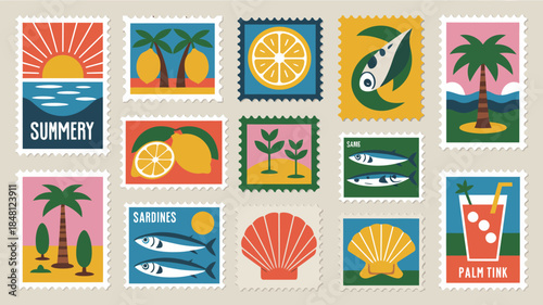 Summer Vacation Postage Stamps with Tropical and Seafood Themes