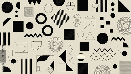 Geometric shapes and patterns on beige background, black and white abstract design