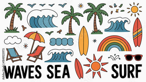 Beach and Surf Elements with Palm Trees, Waves, and Surfboards