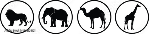 Black Silhouette Icons of Wild African Animals Including Lion Elephant Camel and Giraffe in Circular Frames Isolated on a White Background
