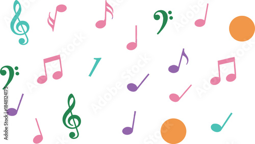Vector Illustration of Colorful Musical Notes and Symbols Including Treble Clefs and Bass Clefs Scattered on a White Background