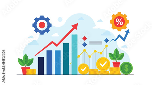 Growth financial success and positive trends illustrated with charts and gears