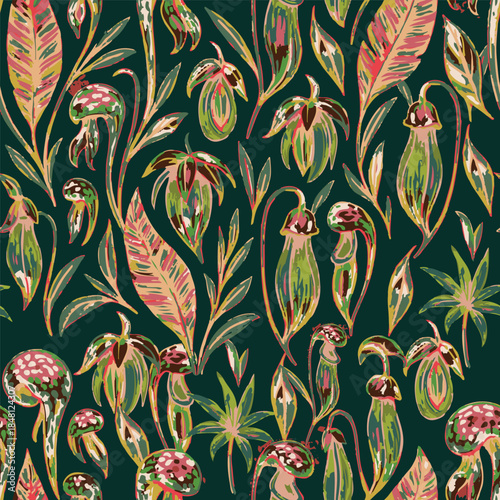 Hand drawn botanical pattern with carnivorous pitcher plants and jungle leaves for textile design, home decor, and fashion packaging.