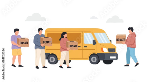Volunteers unloading donation boxes from a yellow van helping with charitable giving