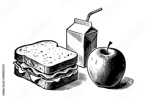 Hand-drawn school lunch of sandwich, juice box, and apple in engraved sketch style on white background. Concept of traditional lunch meal