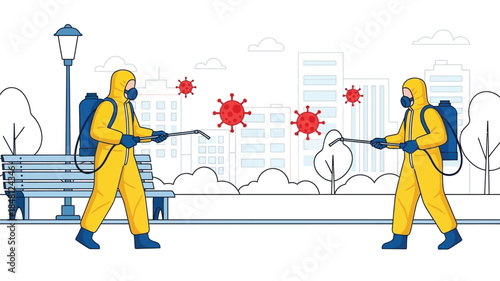 Public health workers disinfecting a park area during a viral outbreak