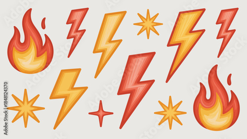 Cartoon-style illustrations of flames, lightning bolts, and stars in red, orange, and yellow hues.