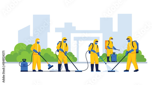 Hazmat team spraying disinfectant in a city environment for public health