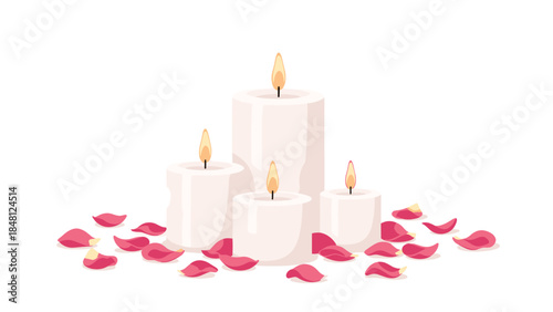 Illuminated white candles with scattered pink rose petals create a serene and romantic atmosphere, perfect for relaxation and special occasions.