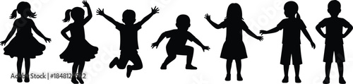 Black Silhouettes of Happy Children Jumping Dancing and Playing Together Isolated on White Background for Youthful Group Activity Concept Design