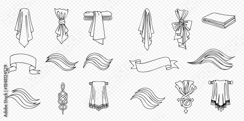 Set of hand-drawn vintage fabric drapery, ribbons, and banners for design elements.