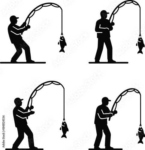 The image presents a minimalist illustration depicting four silhouettes of people fishing. The entire image is in black and white.