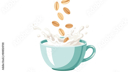 Freshly brewed coffee with milk is overflowing from a teal cup as coffee beans cascade down, creating a delightful and aromatic scene.