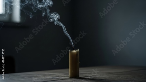 Wallpaper Mural A single extinguished candle on a wooden table with smoke rising in a dark, somber room. Torontodigital.ca