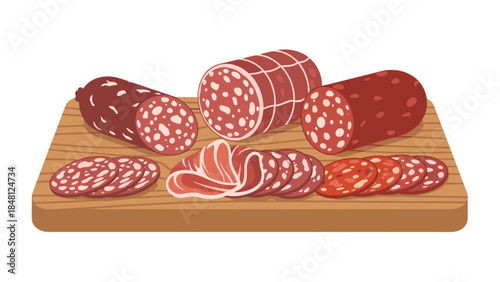 Assortment of cured meats including salami and prosciutto arranged on a wooden cutting board presents a delicious charcuterie spread.