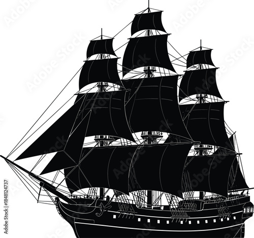Vector Silhouette Illustration of a Vintage Tall Sailing Ship with Multiple Masts and Sails Set Isolated on Clear White Background