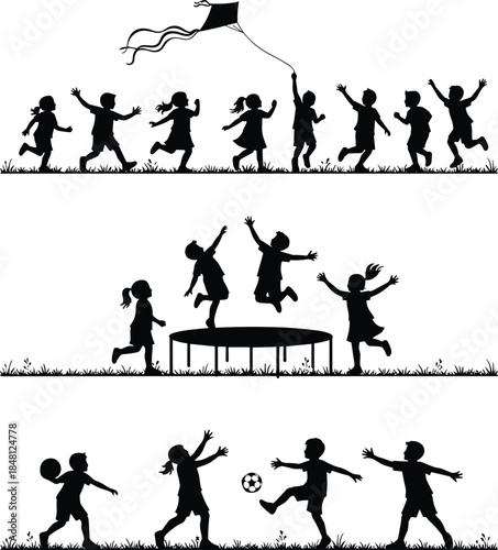 Vector Silhouettes of Children Playing Outdoors Flying Kites Jumping on Trampoline and Playing Soccer Isolated on White Background for Kids Design