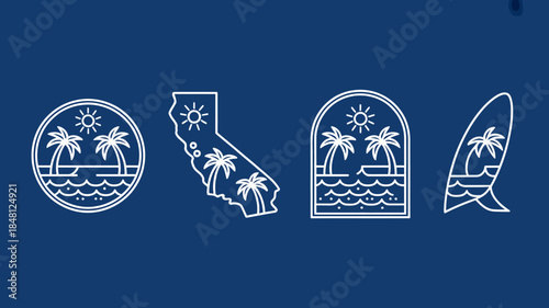 California Beach Icons Set, White Line Art on Blue Background