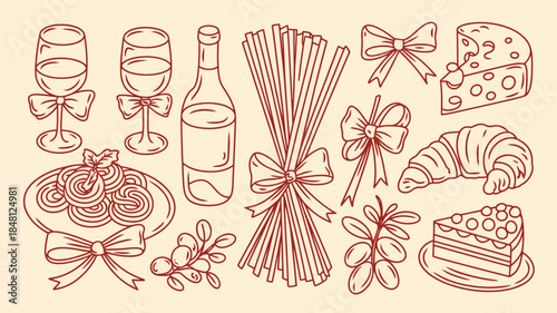 Hand-Drawn Food and Drink Illustrations with Bows